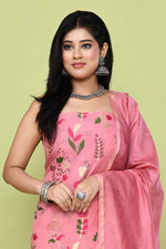Pure handloom chanderi kurta with floral & leaf pattern multicolor meenakari weaving,matching chanderi dupatta and bottom-Onion Pink