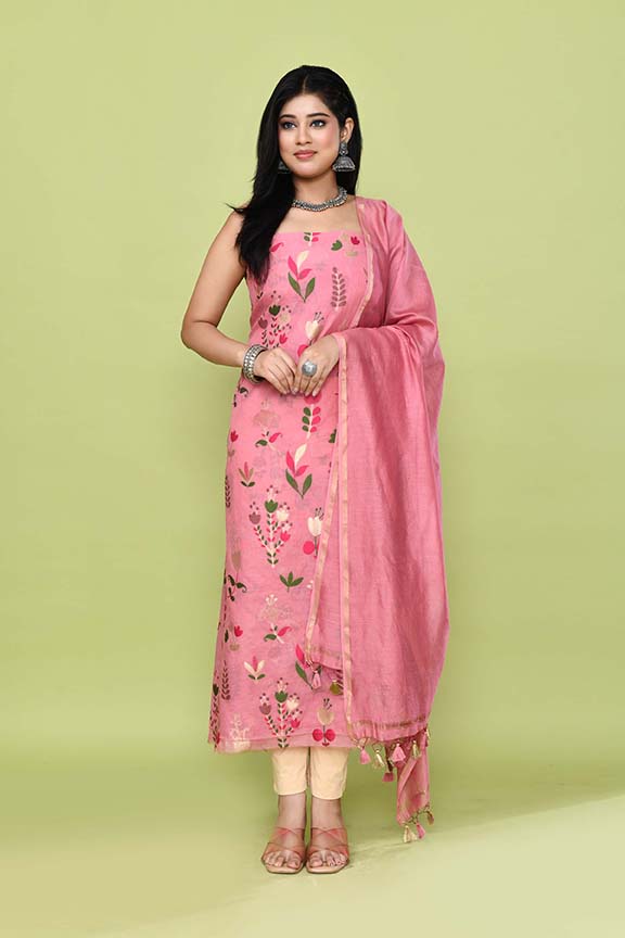 Pure handloom chanderi kurta with floral & leaf pattern multicolor meenakari weaving,matching chanderi dupatta and bottom-Onion Pink