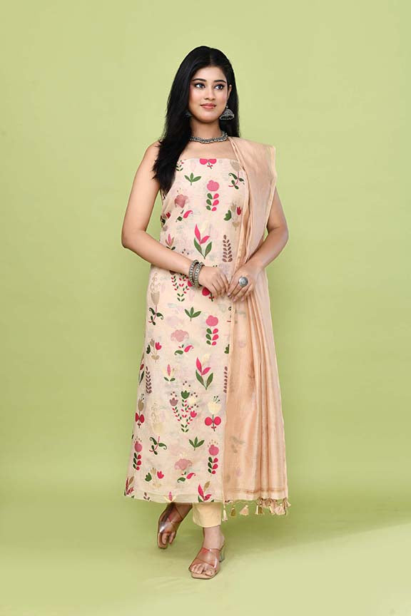 Pure handloom chanderi kurta with floral & leaf pattern multicolor meenakari weaving,matching chanderi dupatta and bottom-Ivory white