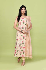 Pure handloom chanderi kurta with floral & leaf pattern multicolor meenakari weaving,matching chanderi dupatta and bottom-Ivory white