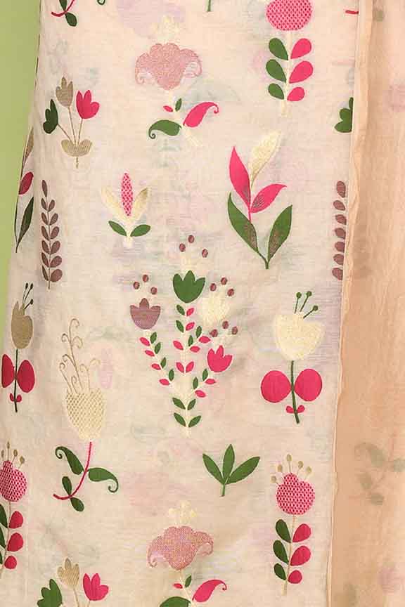 Pure handloom chanderi kurta with floral & leaf pattern multicolor meenakari weaving,matching chanderi dupatta and bottom-Ivory white