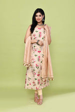 Pure handloom chanderi kurta with floral & leaf pattern multicolor meenakari weaving,matching chanderi dupatta and bottom-Ivory white