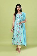 Pure handloom chanderi kurta with floral & leaf pattern multicolor meenakari weaving,matching chanderi dupatta and bottom-Teal Blue