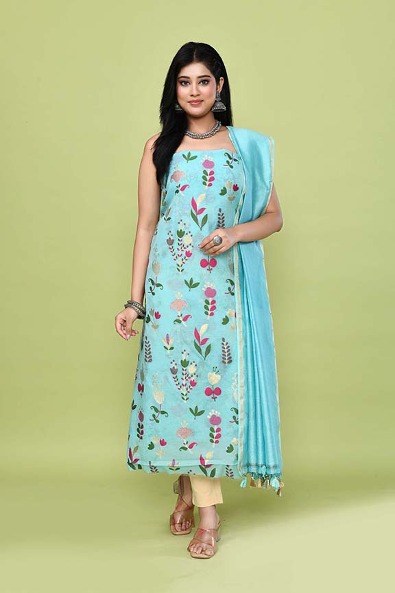 Pure handloom chanderi kurta with floral & leaf pattern multicolor meenakari weaving,matching chanderi dupatta and bottom-Teal Blue