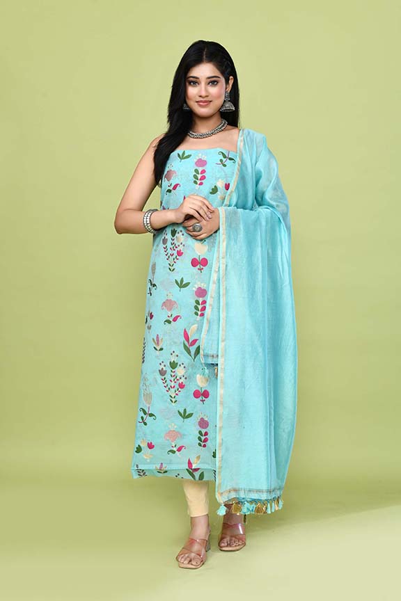 Pure handloom chanderi kurta with floral & leaf pattern multicolor meenakari weaving,matching chanderi dupatta and bottom-Teal Blue