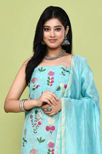 Pure handloom chanderi kurta with floral & leaf pattern multicolor meenakari weaving,matching chanderi dupatta and bottom-Teal Blue