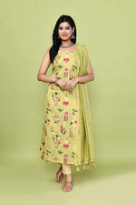 Pure handloom chanderi kurta with floral & leaf pattern multicolor meenakari weaving,matching chanderi dupatta and bottom-Lime Green