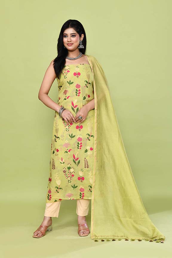 Pure handloom chanderi kurta with floral & leaf pattern multicolor meenakari weaving,matching chanderi dupatta and bottom-Lime Green