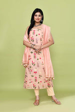 Pure handloom chanderi kurta with floral & leaf pattern multicolor meenakari weaving,matching chanderi dupatta and bottom-Baby pink