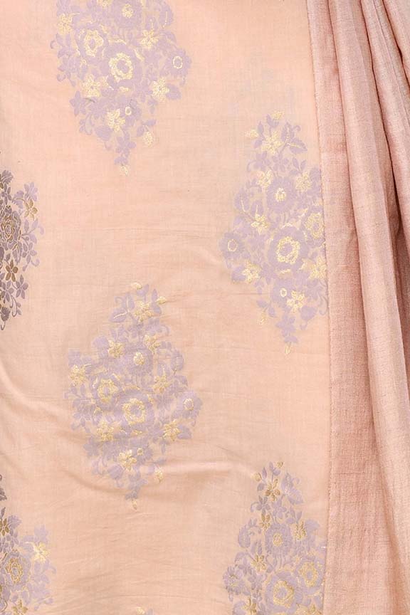 Pure handloom chanderi lurex jacquard gold & purple floral motifs kurta, matching bottom & tussar dupatta-Light peach