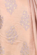 Pure handloom chanderi lurex jacquard gold & purple floral motifs kurta, matching bottom & tussar dupatta-Light peach