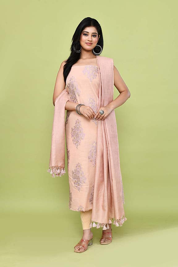 Pure handloom chanderi lurex jacquard gold & purple floral motifs kurta, matching bottom & tussar dupatta-Light peach