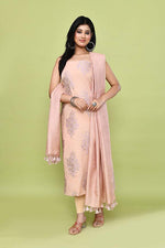 Pure handloom chanderi lurex jacquard gold & purple floral motifs kurta, matching bottom & tussar dupatta-Light peach
