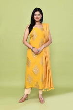 Pure handloom chanderi lurex jacquard gold & purple floral motifs kurta, matching bottom & tussar dupatta-Mango yellow