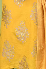 Pure handloom chanderi lurex jacquard gold & purple floral motifs kurta, matching bottom & tussar dupatta-Mango yellow