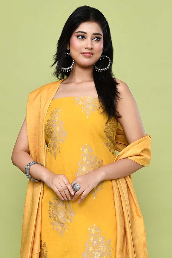 Pure handloom chanderi lurex jacquard gold & purple floral motifs kurta, matching bottom & tussar dupatta-Mango yellow