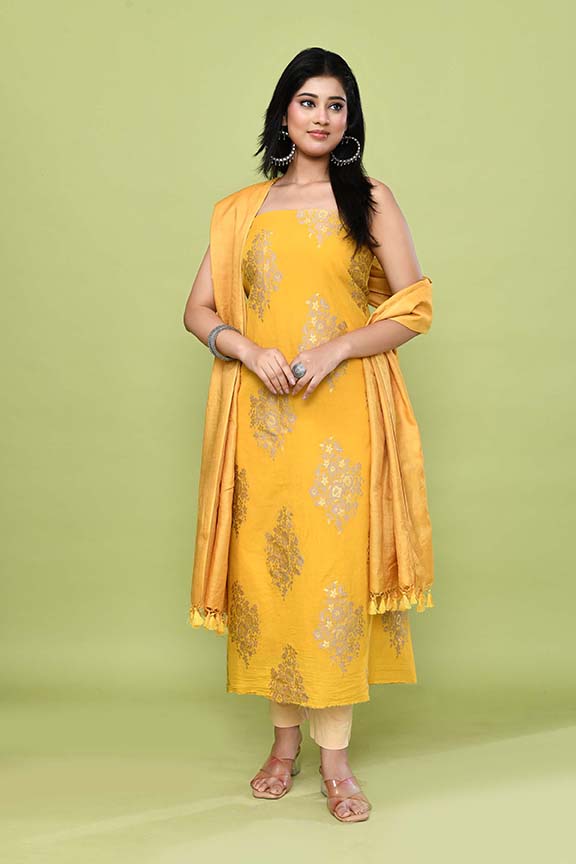 Pure handloom chanderi lurex jacquard gold & purple floral motifs kurta, matching bottom & tussar dupatta-Mango yellow