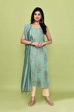 Pure handloom chanderi lurex jacquard gold & purple floral motifs kurta, matching bottom & chanderi dupatta-Sea green