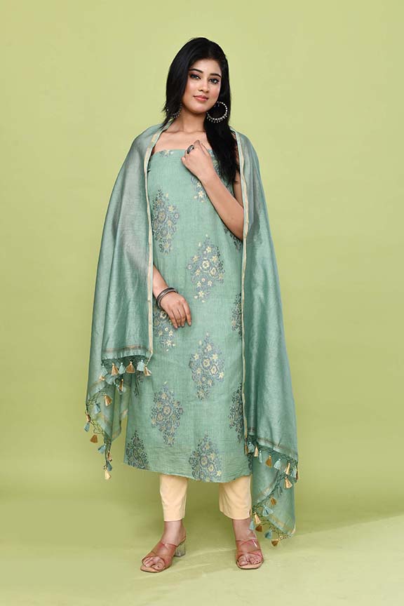 Pure handloom chanderi lurex jacquard gold & purple floral motifs kurta, matching bottom & chanderi dupatta-Sea green