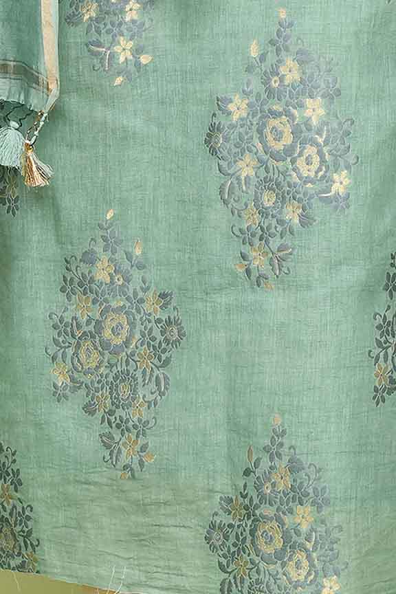 Pure handloom chanderi lurex jacquard gold & purple floral motifs kurta, matching bottom & chanderi dupatta-Sea green