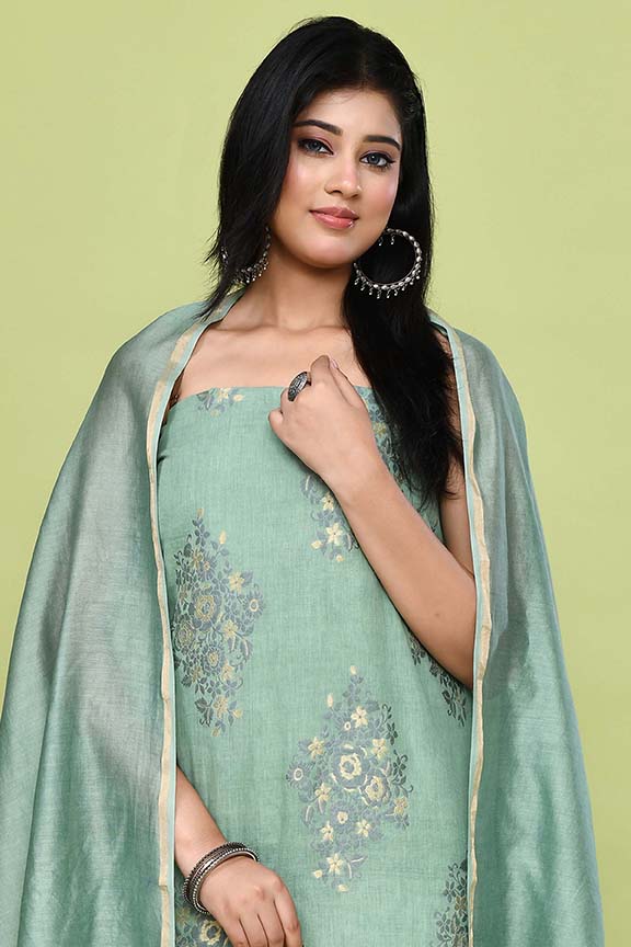 Pure handloom chanderi lurex jacquard gold & purple floral motifs kurta, matching bottom & chanderi dupatta-Sea green