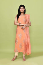 Pure handloom chanderi lurex jacquard gold & purple floral motifs kurta, matching bottom & tussar dupatta- Peach