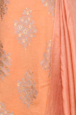 Pure handloom chanderi lurex jacquard gold & purple floral motifs kurta, matching bottom & tussar dupatta- Peach