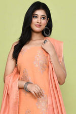 Pure handloom chanderi lurex jacquard gold & purple floral motifs kurta, matching bottom & tussar dupatta- Peach
