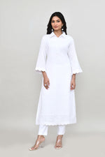 Hakoba long kurti with quarter length sleeves- White