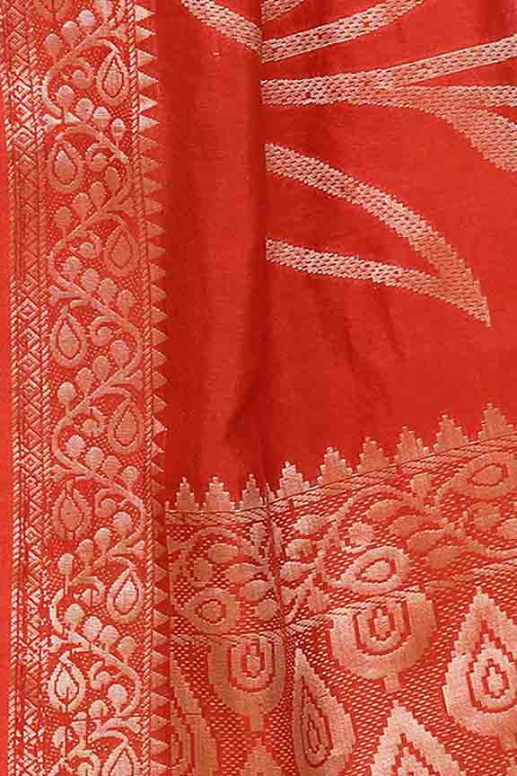 Banarasi soft silk saree with floral golden motifs weaving- carrot Red