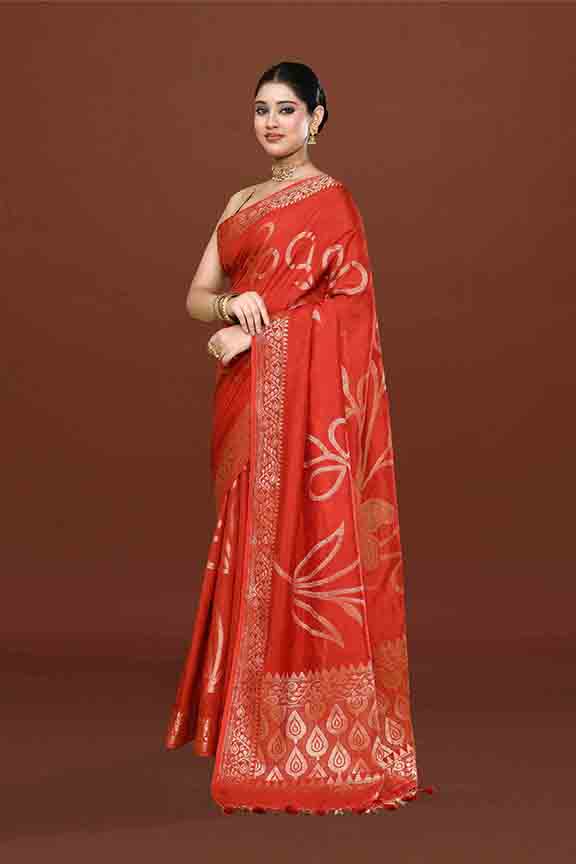 Banarasi soft silk saree with floral golden motifs weaving- carrot Red