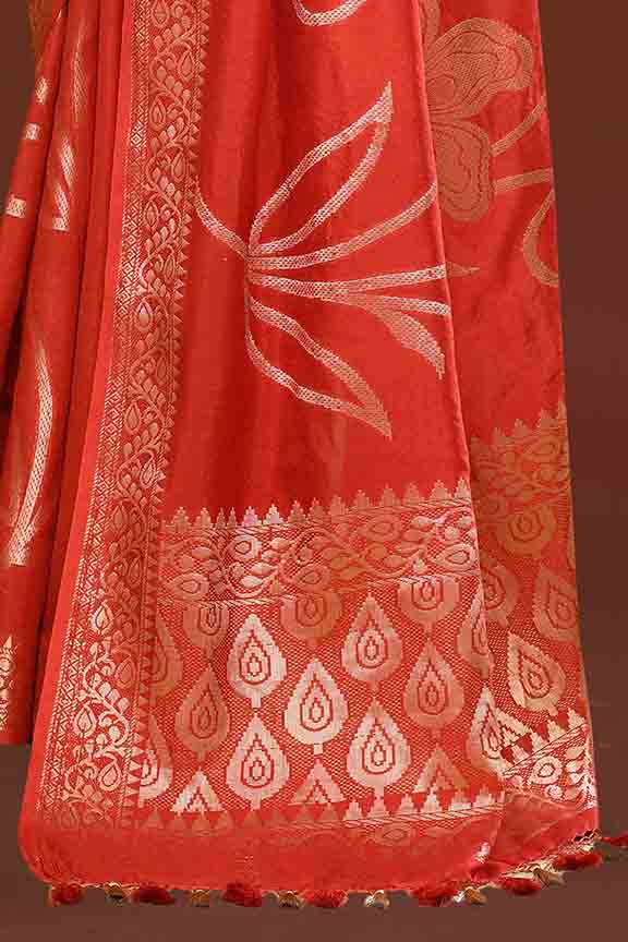 Banarasi soft silk saree with floral golden motifs weaving- carrot Red