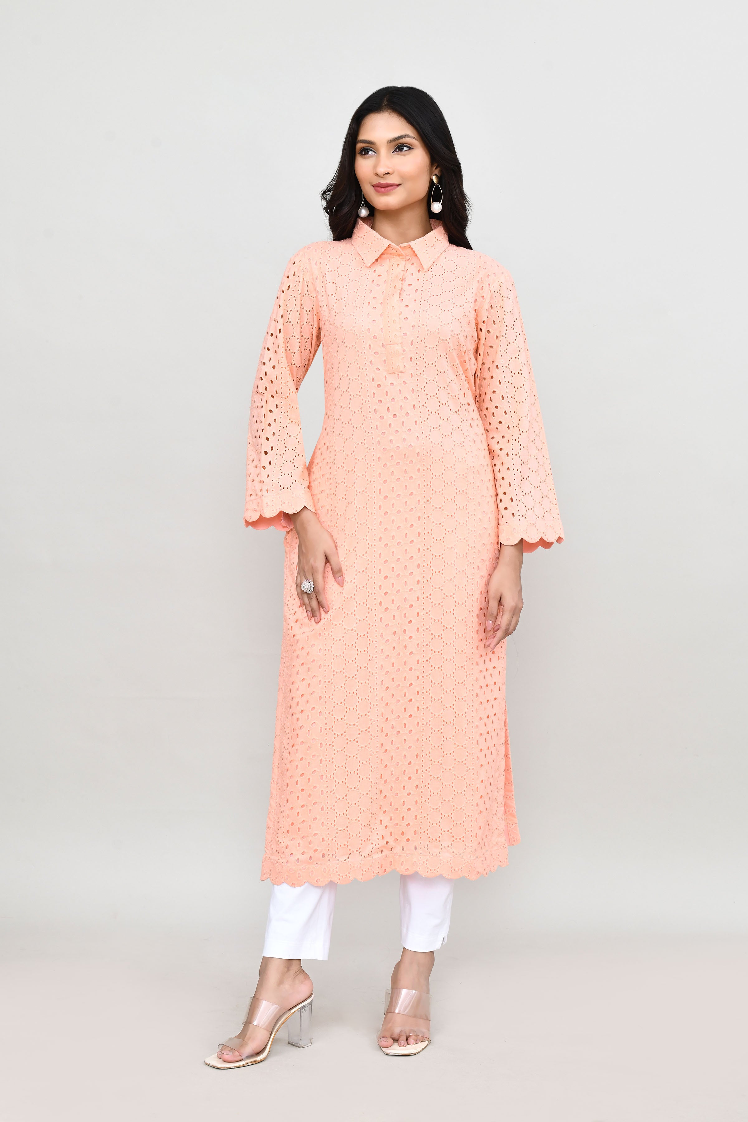 Hakoba long kurti with quarter length sleeves- Peach