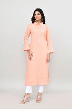 Hakoba long kurti with quarter length sleeves- Peach