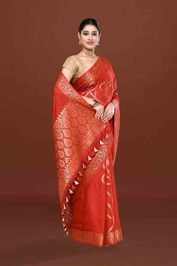 Banarasi soft silk saree with floral golden motifs weaving- carrot Red