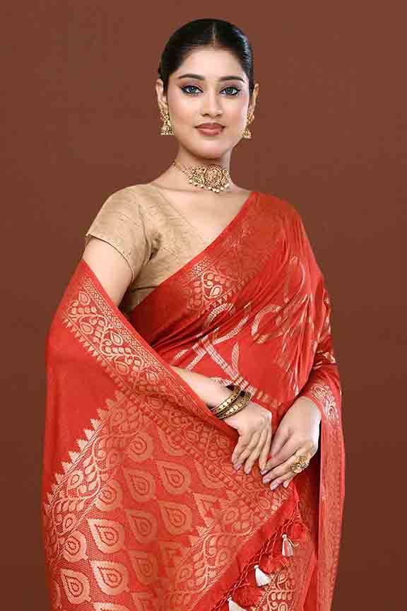Banarasi soft silk saree with floral golden motifs weaving- carrot Red