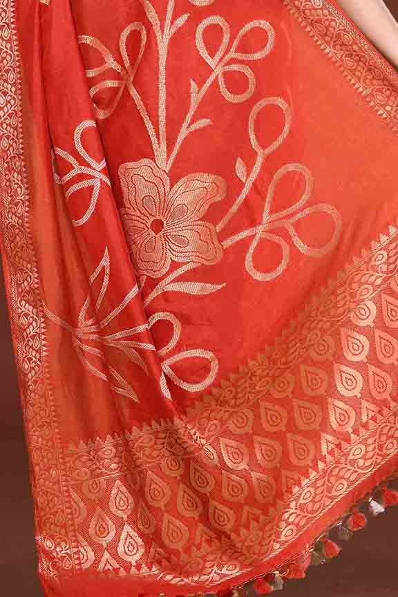 Banarasi soft silk saree with floral golden motifs weaving- carrot Red