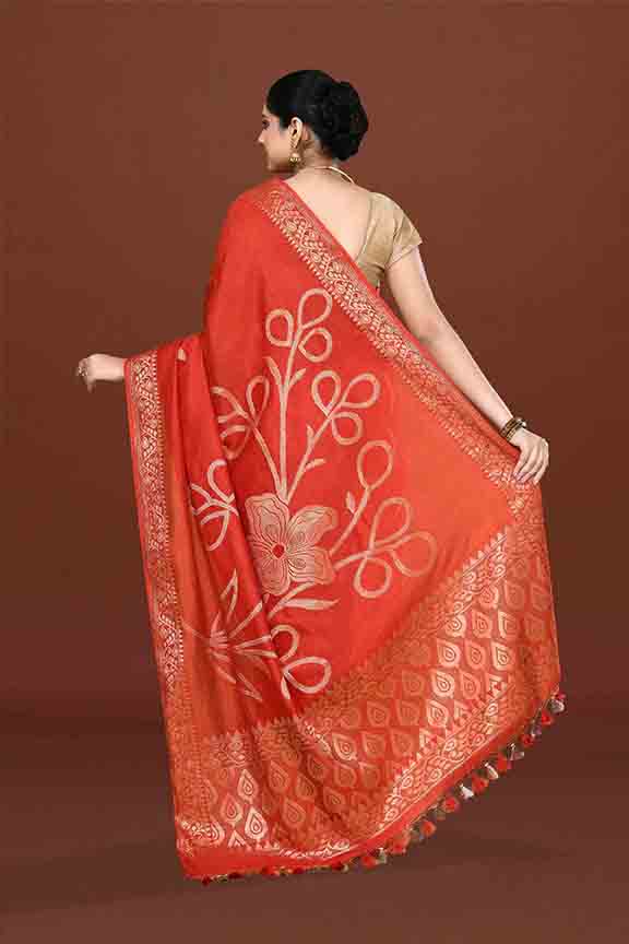 Banarasi soft silk saree with floral golden motifs weaving- carrot Red