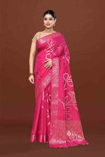 Banarasi woven soft silk saree with floral pattern motifs in gold zari - Fuchsia pink