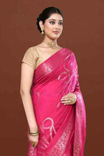 Banarasi woven soft silk saree with floral pattern motifs in gold zari - Fuchsia pink