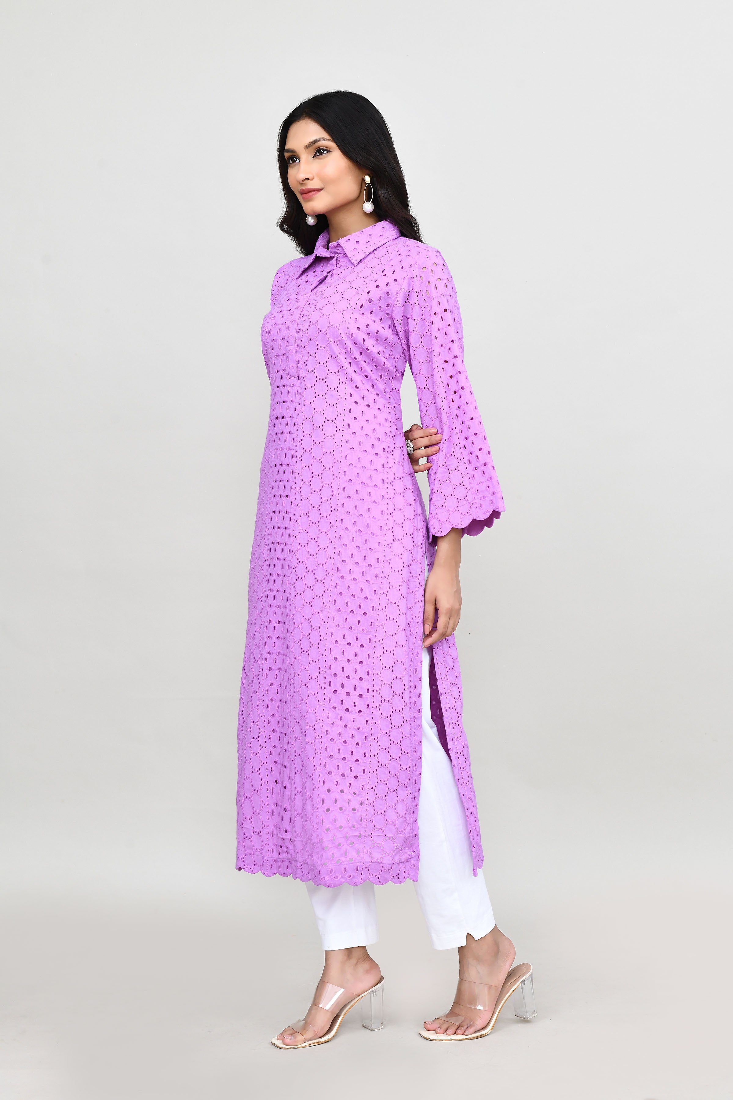 Hakoba long kurti with quarter length sleeves- Purple