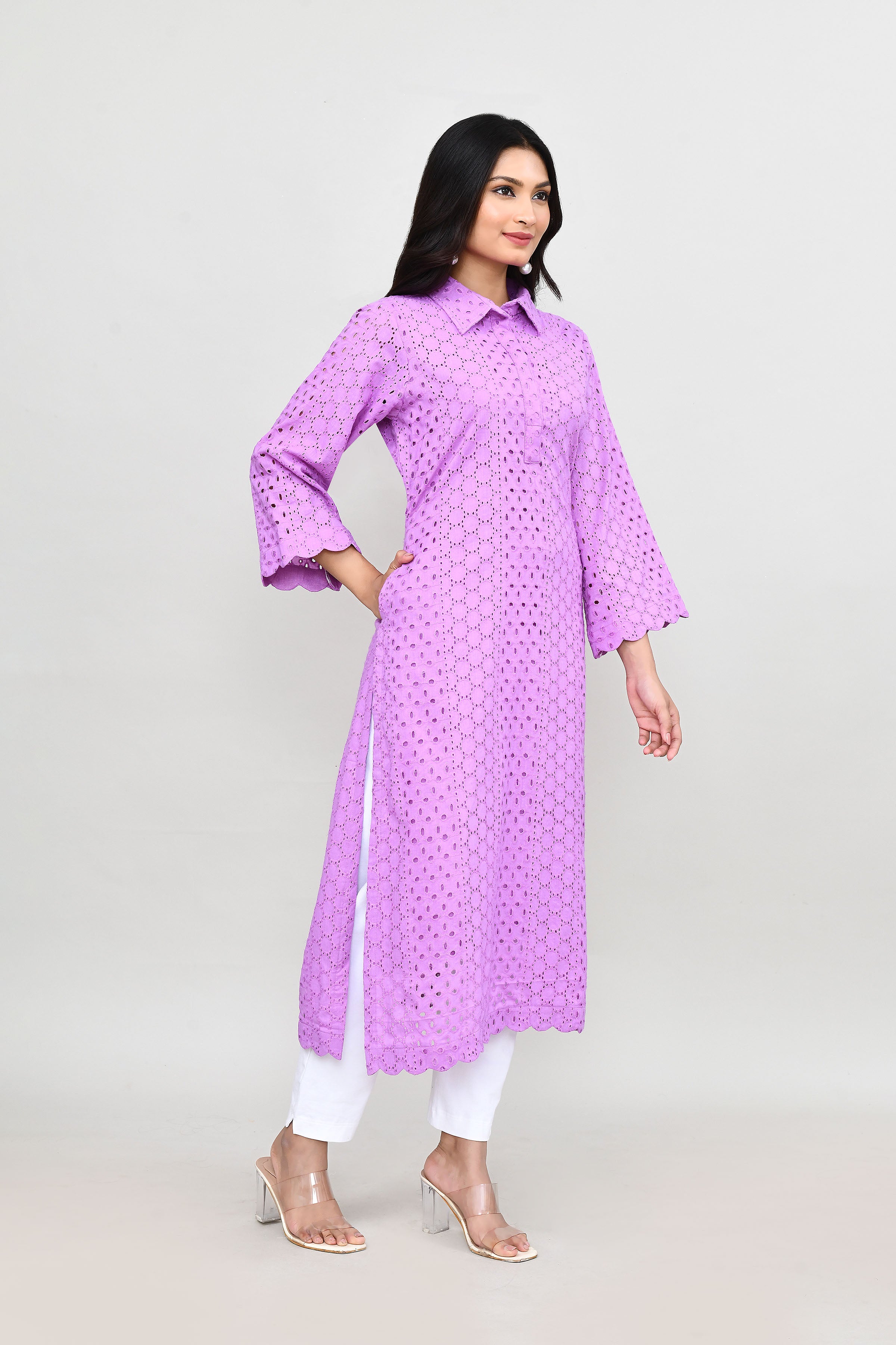 Hakoba long kurti with quarter length sleeves- Purple