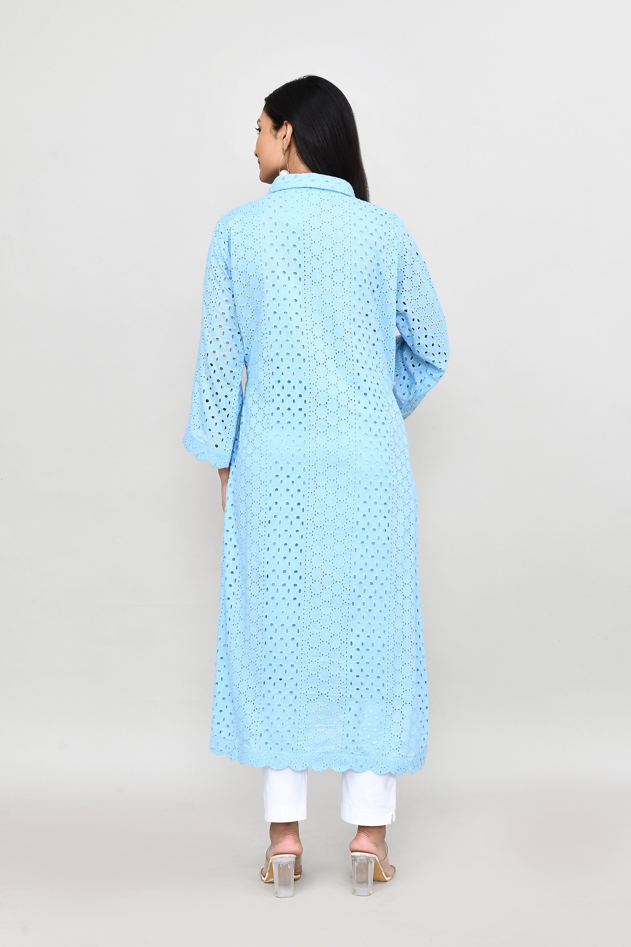 Hakoba long kurti with quarter length sleeves- Light blue