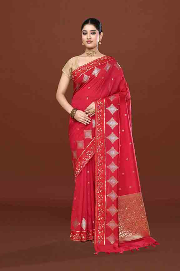 Banarasi soft silk saree with gold and silver zari weaving and cutdana embroidery in border- dark pink