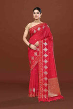 Banarasi soft silk saree with gold and silver zari weaving and cutdana embroidery in border- dark pink