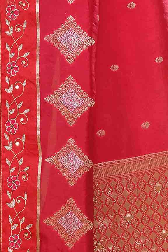 Banarasi soft silk saree with gold and silver zari weaving and cutdana embroidery in border- dark pink