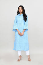 Hakoba long kurti with quarter length sleeves- Light blue