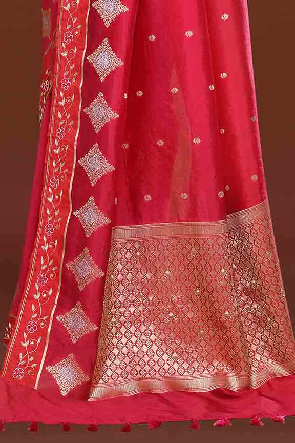 Banarasi soft silk saree with gold and silver zari weaving and cutdana embroidery in border- dark pink