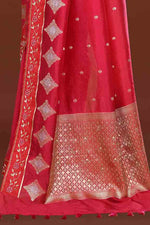 Banarasi soft silk saree with gold and silver zari weaving and cutdana embroidery in border- dark pink