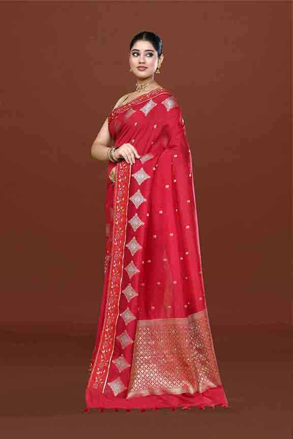 Banarasi soft silk saree with gold and silver zari weaving and cutdana embroidery in border- dark pink